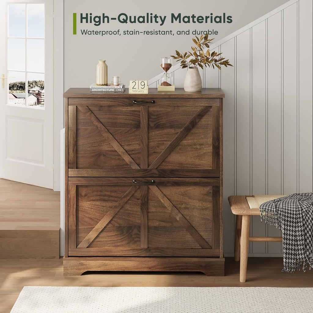 Smart FENDEE Shoe Cabinet, Shoe Storage Cabinet for Entryway with 2 Flip Drawers, Narrow Farmhouse Shoe Organizer Cabinet, Slim Shoe Rack Cabinet, 31.5in Walnut