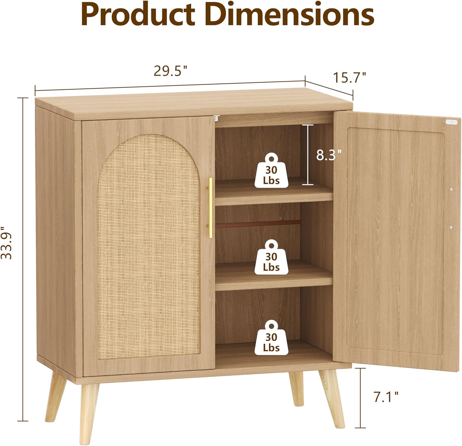 Keehusux Rattan Buffet Cabinet with Storage, Boho Buffet Table with Adjustable Shelf and Solid Wood Legs, Accent Sideboard with Doors, Floor Cabinet for Kitchen, Dining Room and Living Room, Natural