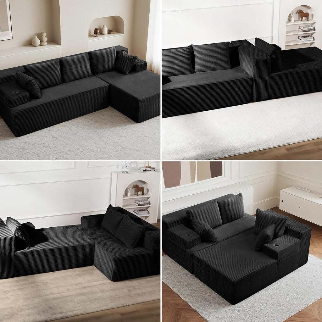 96.8" Boneless Couch Cloud Modular Sectional Sofa with L Shaped Chaise, Modern Corduroy Upholstered Deep Seat Couches Lounge with 5 Pillows for Living Room Bedroom(Black, Stripe, Right Facing Chaise)