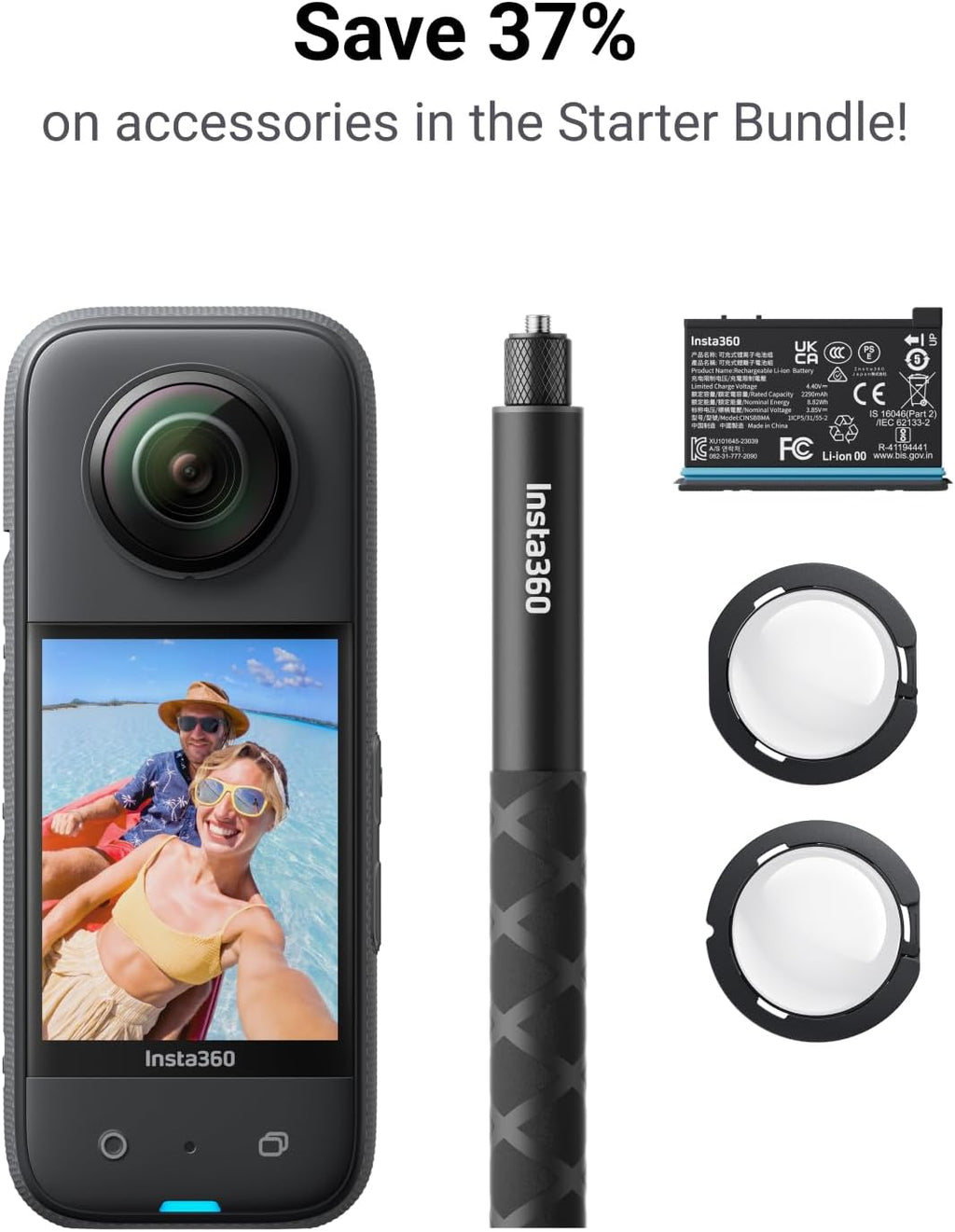 Insta360 X3 Starter Bundle - Waterproof 360° Action Camera with 1/2 Inch Sensor  5.7K 360°  72MP 360° Photos  Stabilisation  2.29" Touch Screen  Vibration Feedback  AI Editing  Live Streaming