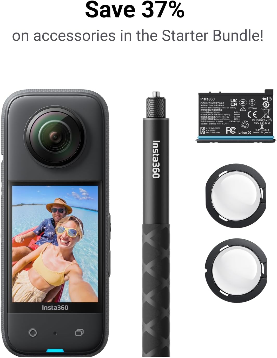 Insta360 X3 Starter Bundle - Waterproof 360° Action Camera with 1/2 Inch Sensor  5.7K 360°  72MP 360° Photos  Stabilisation  2.29" Touch Screen  Vibration Feedback  AI Editing  Live Streaming