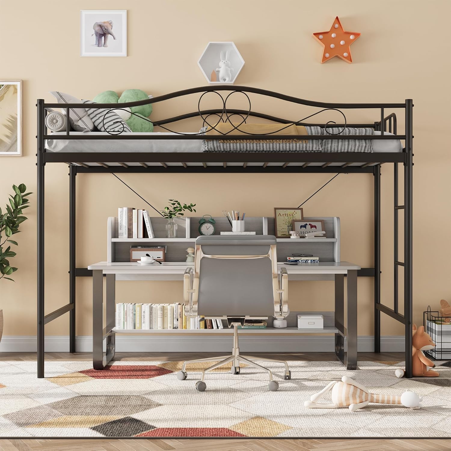 IDEALHOUSE Loft Bed Twin Size with Ladder & Full Safety Guardrail, Heavy Duty Metal Twin Loft Bed 400 Lbs Load Capacity, Space-Saving, Noise Free, No Box Spring Needed, Easy Assembly, Black