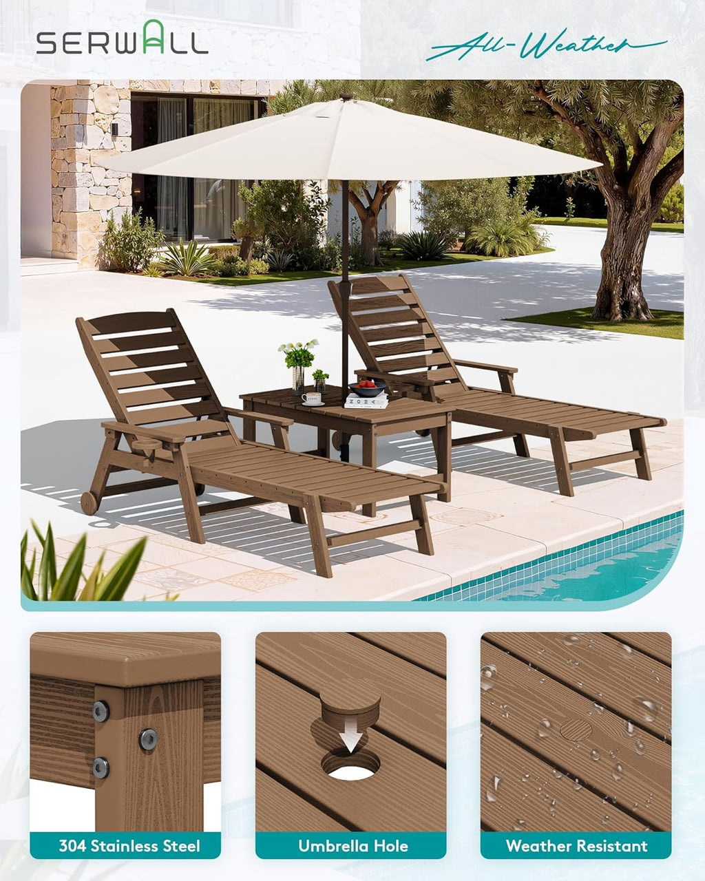 SERWALL Outdoor Coffee Table with 1.69" Umbrella Hole, HDPE Patio Coffee Table for Outside, Rectangle, Brown