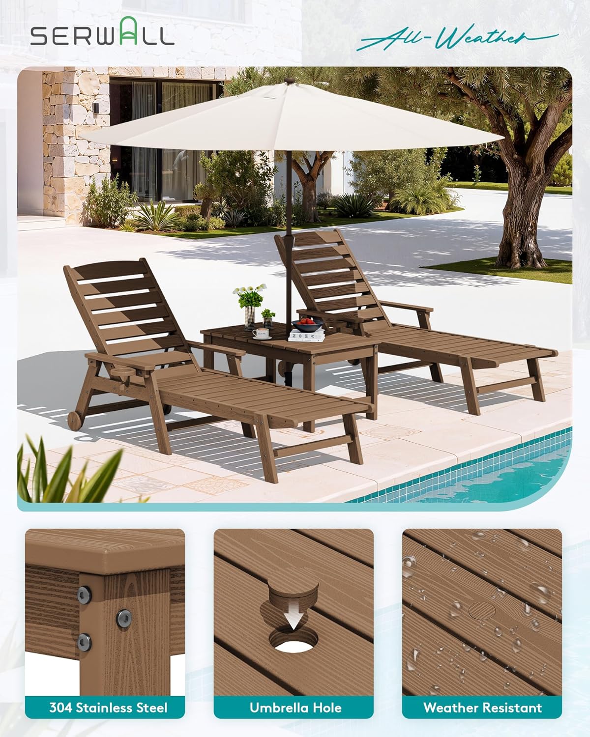 SERWALL Outdoor Coffee Table with 1.69" Umbrella Hole, HDPE Patio Coffee Table for Outside, Rectangle, Brown
