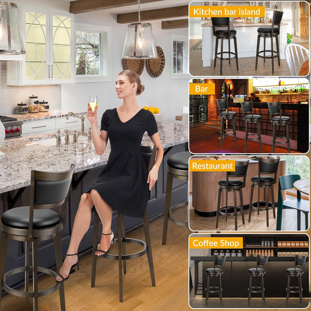 PrimeZone Swivel Bar Stools Set of 3, 26 Inch Counter Height Barstools, Black Faux Leather Bar Stool with High Backrest & Solid Wood Legs & Wrap-around Footrest, Counter Stools for Kitchen Island, Pub