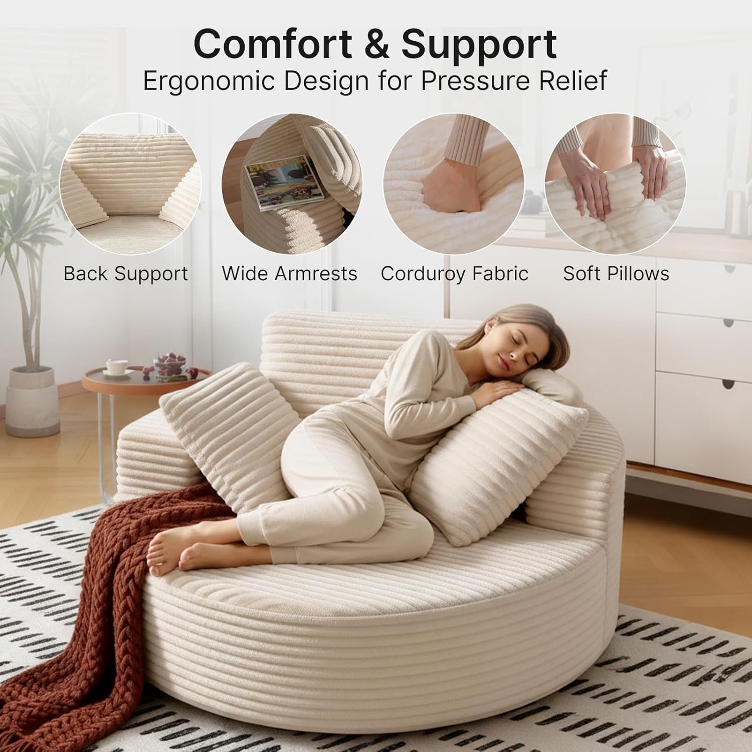 55-inch Corduroy Sofa Oversized Round Chaise Lounge Chair Indoor No Installation & Easy to Transport Modern Upholstered Corduroy