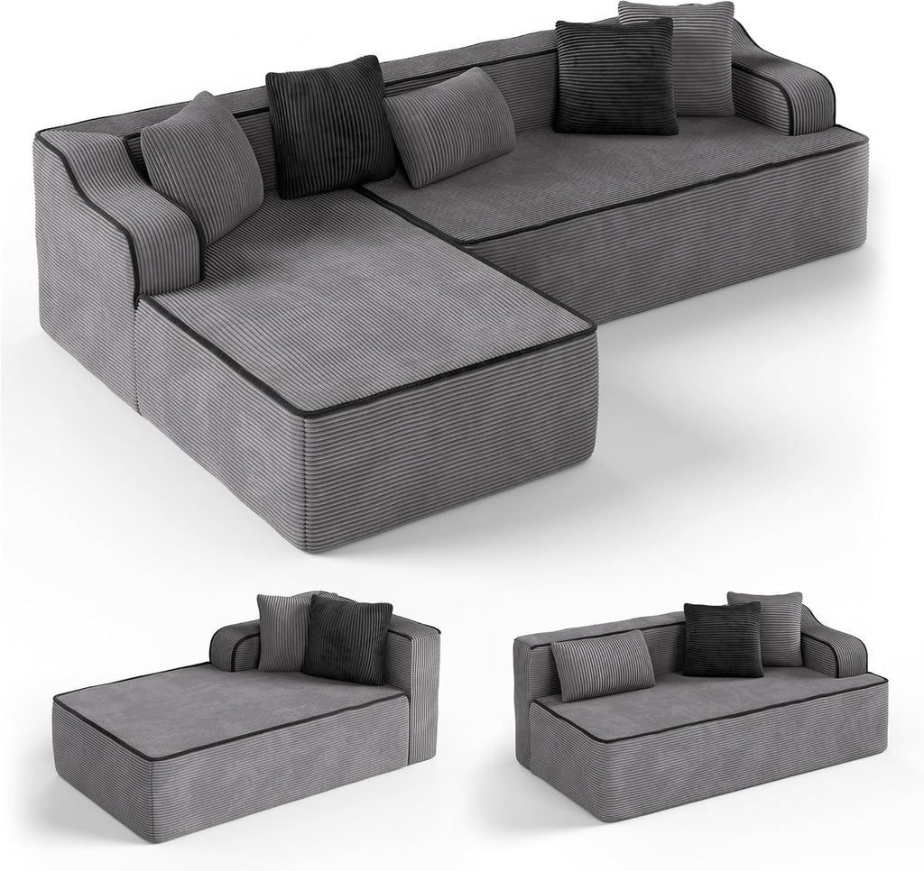 Cloud Sectional Couch for Living Room, 104'' L-Shaped Modular Sofa with Chaise, Modern Corduroy Boneless Couch with Deep Seat, No Assembly Required, Grey