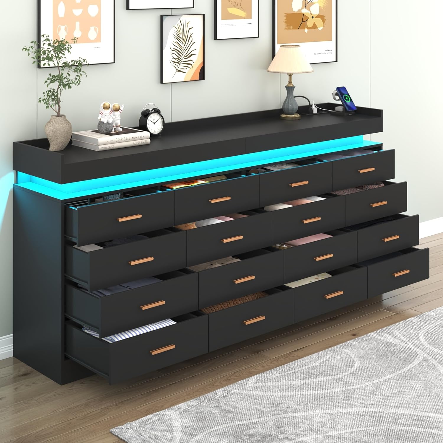 16 Drawer Dresser with LED Light and Charging Station, Modern Chest of Drawers for Closet, Wide Drawer Organizer Cabinet, Living Room, Entryway, Hallway, Black