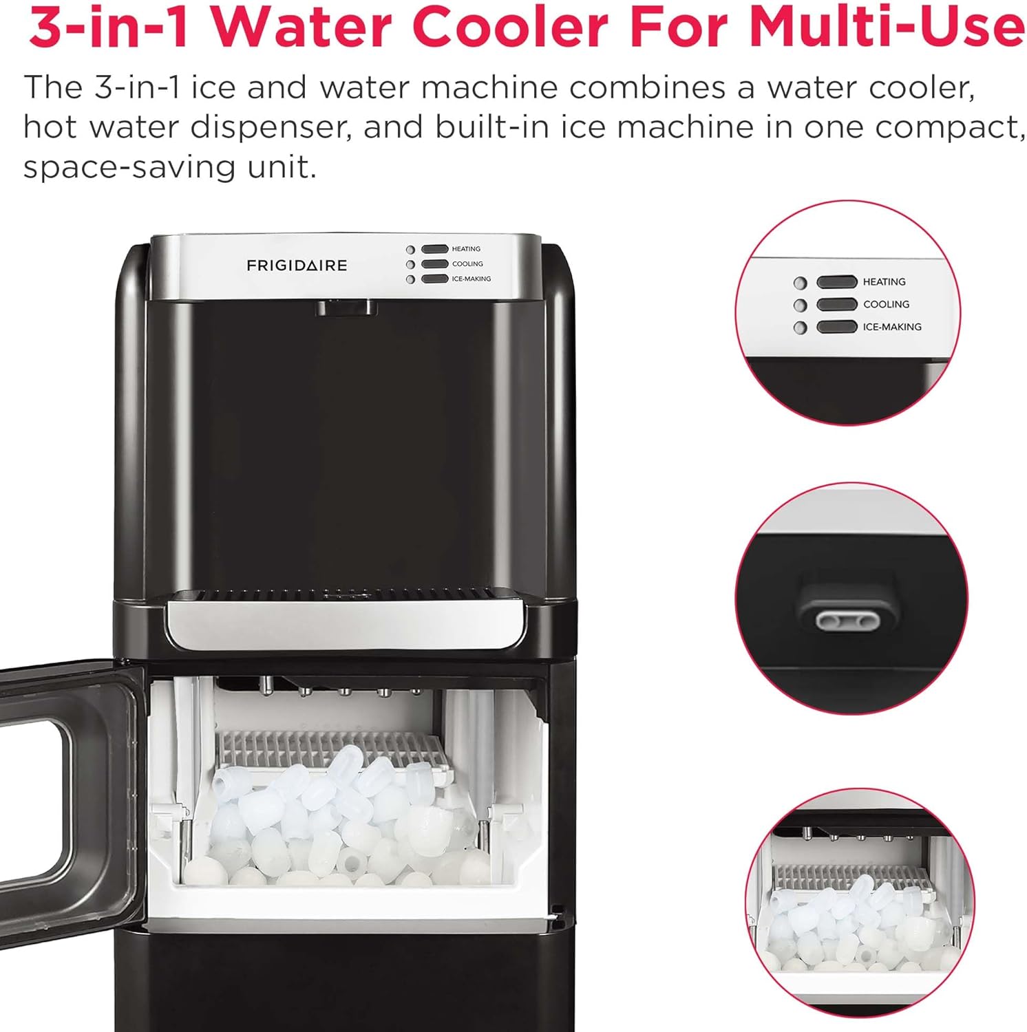 Frigidaire 3-in-1 Ice & Water Machine – Hot or Cold Top-Load Water Cooler Dispenser for 5 Gal Bottle – Built-in Bullet Ice Maker – Compact, Black