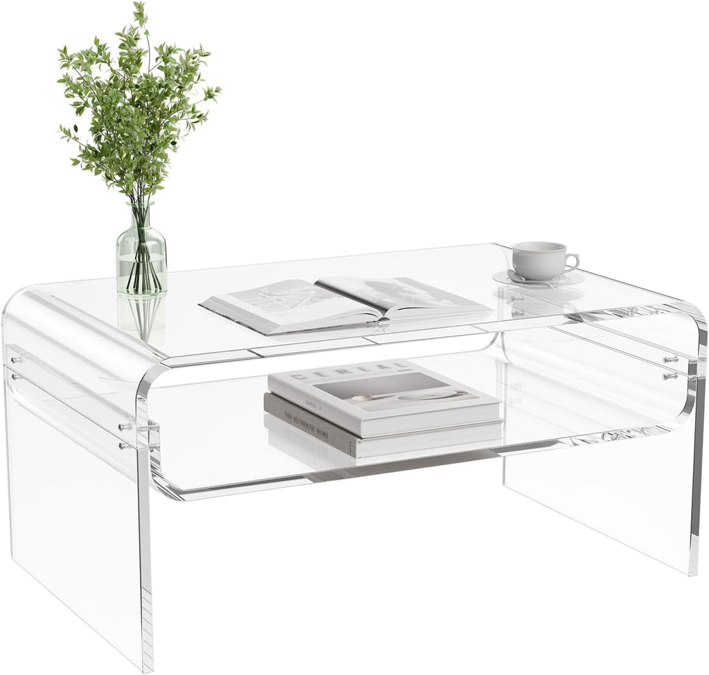 VEVOR Acrylic Coffee Table, Modern Waterfall Center Table with Open Storage Shelf, Clear Rectangle Lucite Desk for Living Room, Office Reception, 31.5" W x 19.7" D x 15" H, Large
