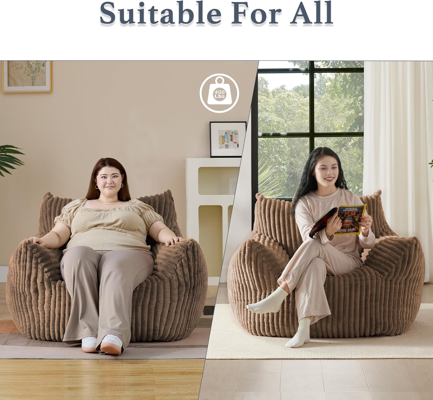 Giant Plush Bean Bag Chair for Adults with Armrests - Oversized Comfy Khaki Beanbag Lounge Lazy Floor Sofa Chair for Living Room, Bedroom & Dorm, Cozy Fluffy Single Cloud Mini Couch