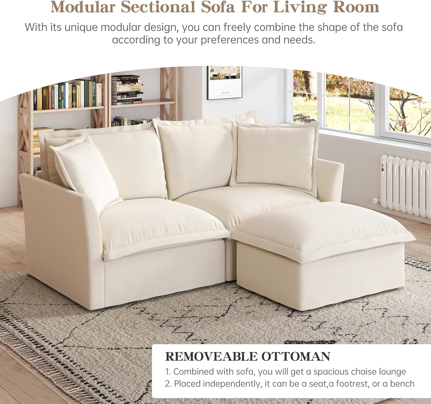 83.4" Modular Sectional Sofa Slipcovered, Oversized L-Shaped Cloud Couch with Removable Covers, 2-Seater Sofa Couch with 1 Movable Ottoman, Spacious Living Room Furniture (Cream,Chenille)