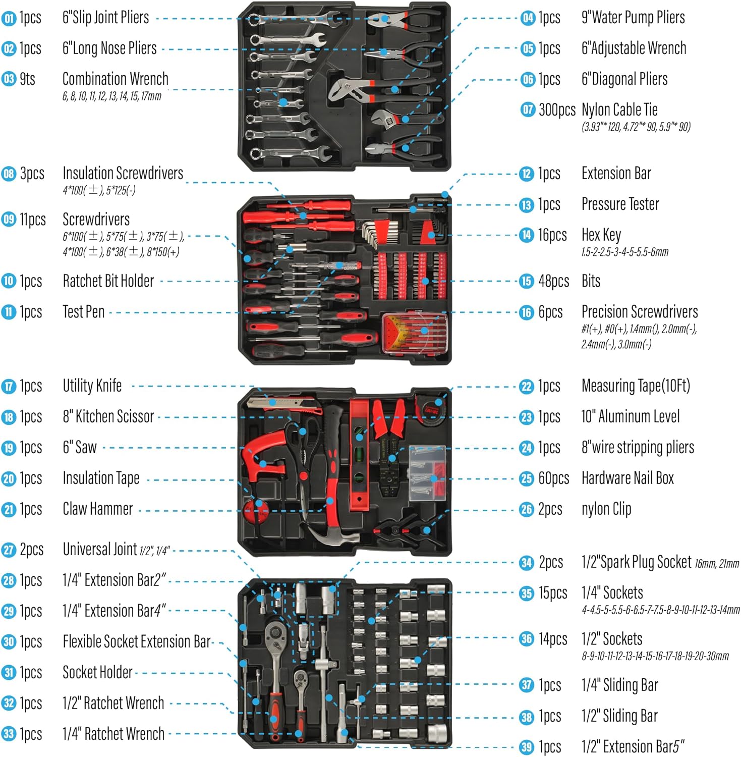 Tool Kit, Aluminum Trolley Case Tool Set for Men, 515 PCS General Household Tool Kit with 4-Drawer for Home Repair, Car, Garage, Maintenance, Auto Repair Toolbox with Wheel