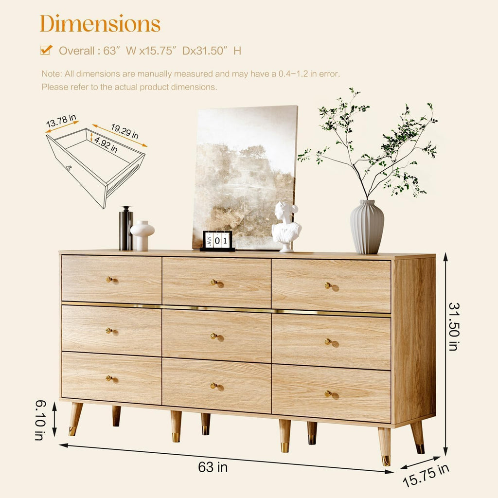 9 Drawer Dresser,63" Wide Mid Century Modern Chest of Drawers,Wooden Bedroom Drawer Dresser with 9 Storage Drawers for Bedroom, Living Room,with Anti-Tipping Device,Natural