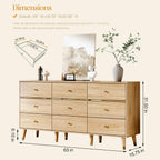 9 Drawer Dresser,63" Wide Mid Century Modern Chest of Drawers,Wooden Bedroom Drawer Dresser with 9 Storage Drawers for Bedroom, Living Room,with Anti-Tipping Device,Natural