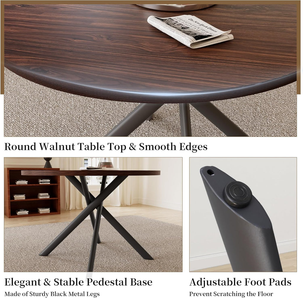 45.3'' Walnut Round Dining Table Set for 4, Mid Century Modern Small Coffee Set for Dining Room Kitchen Apartment (Dark Walnut Table + 4 Black Chairs)