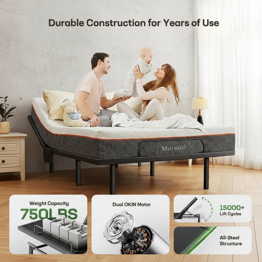 Marsail MS01 Queen Adjustable Bed Frame & 8-Inch Gel Memory Foam Mattress Set,Premium Adjustable Base Includes Wireless Remote, Under-Bed Nightlight, and 4 Customizable Height Settings