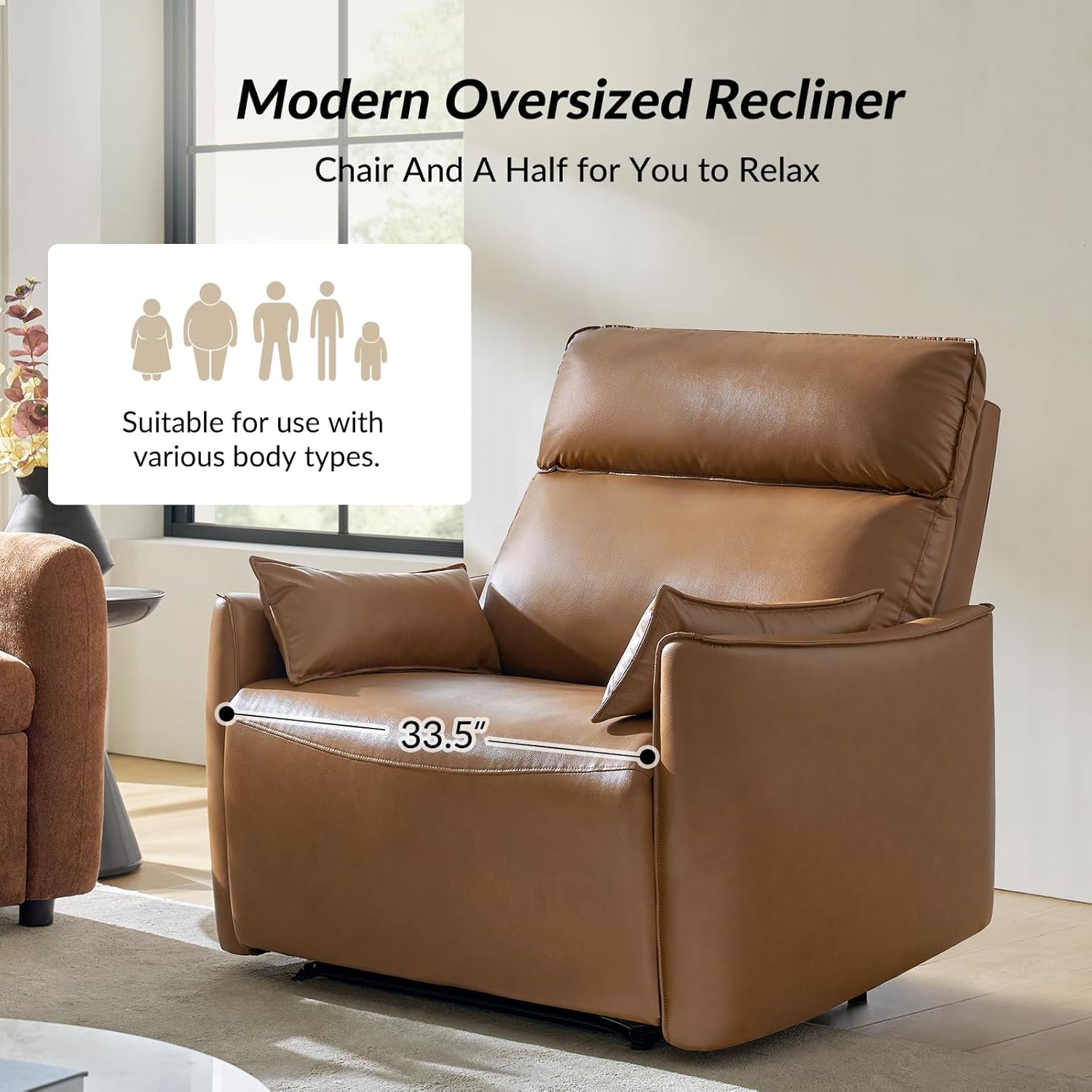 HULALA HOME Faux Leather Oversized Recliner Chair, Manual Pushback Recliner with Extra Wide Seat and Thick Padded Backrest for Living Room, Camel