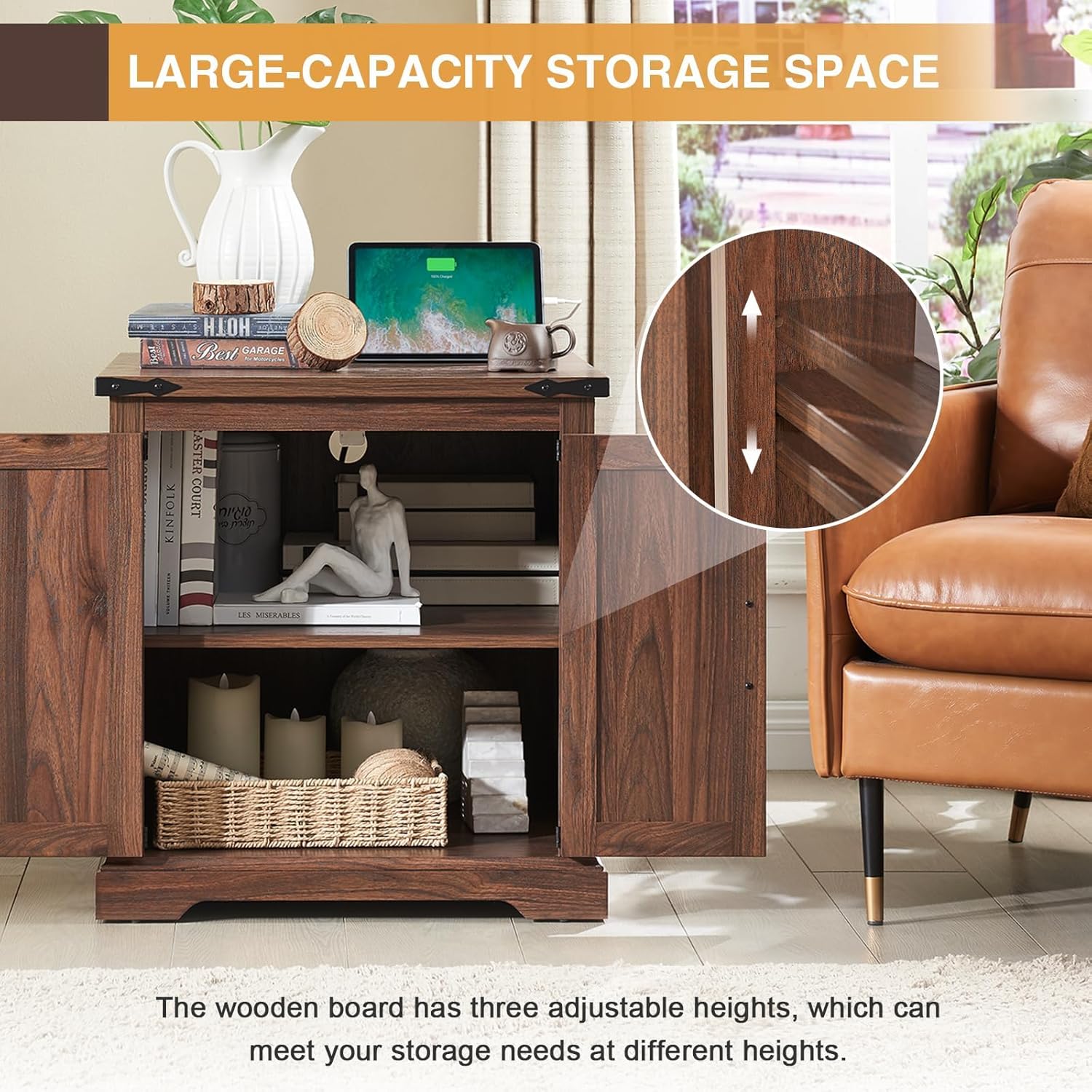 Barnyatoh Farmhouse End Table with Charging Station,24" Large Sofa Side Table with Barn Door, Rustic Wood Square Nightstand Bedside Table with Adjustable Storage Shelf for Living Room, Bedroom,Walnut