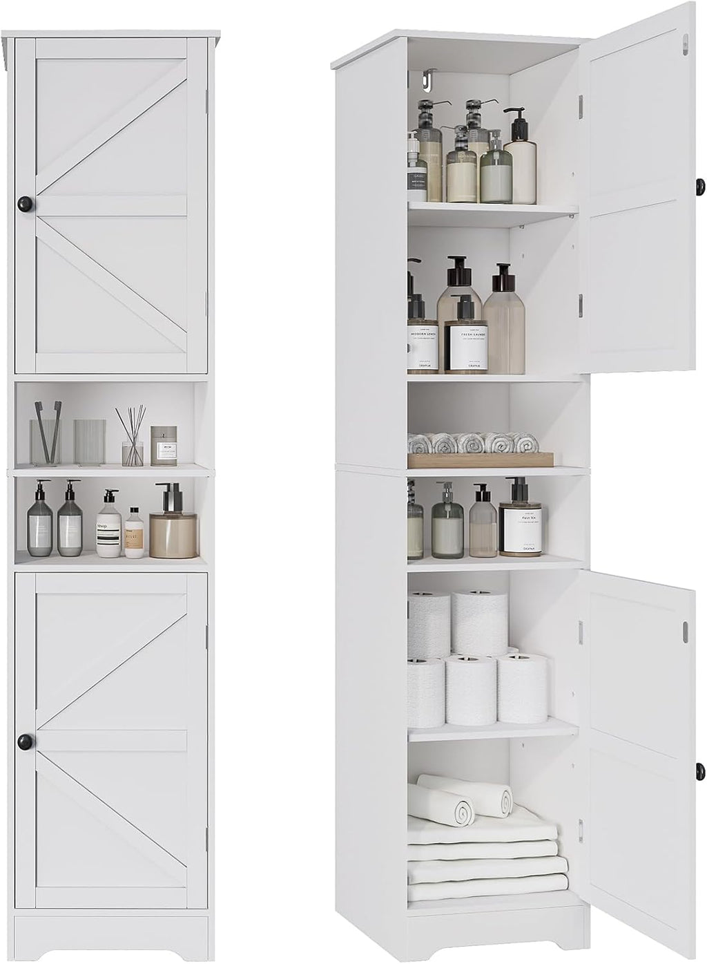 Viaozutis Tall Bathroom Storage Cabinet, Vertical Freestanding Organizer with Adjustable Shelf, Slim Design for Small Bathrooms, Towels & Toiletries Storage（White）