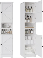 Viaozutis Tall Bathroom Storage Cabinet, Vertical Freestanding Organizer with Adjustable Shelf, Slim Design for Small Bathrooms, Towels & Toiletries Storage（White）