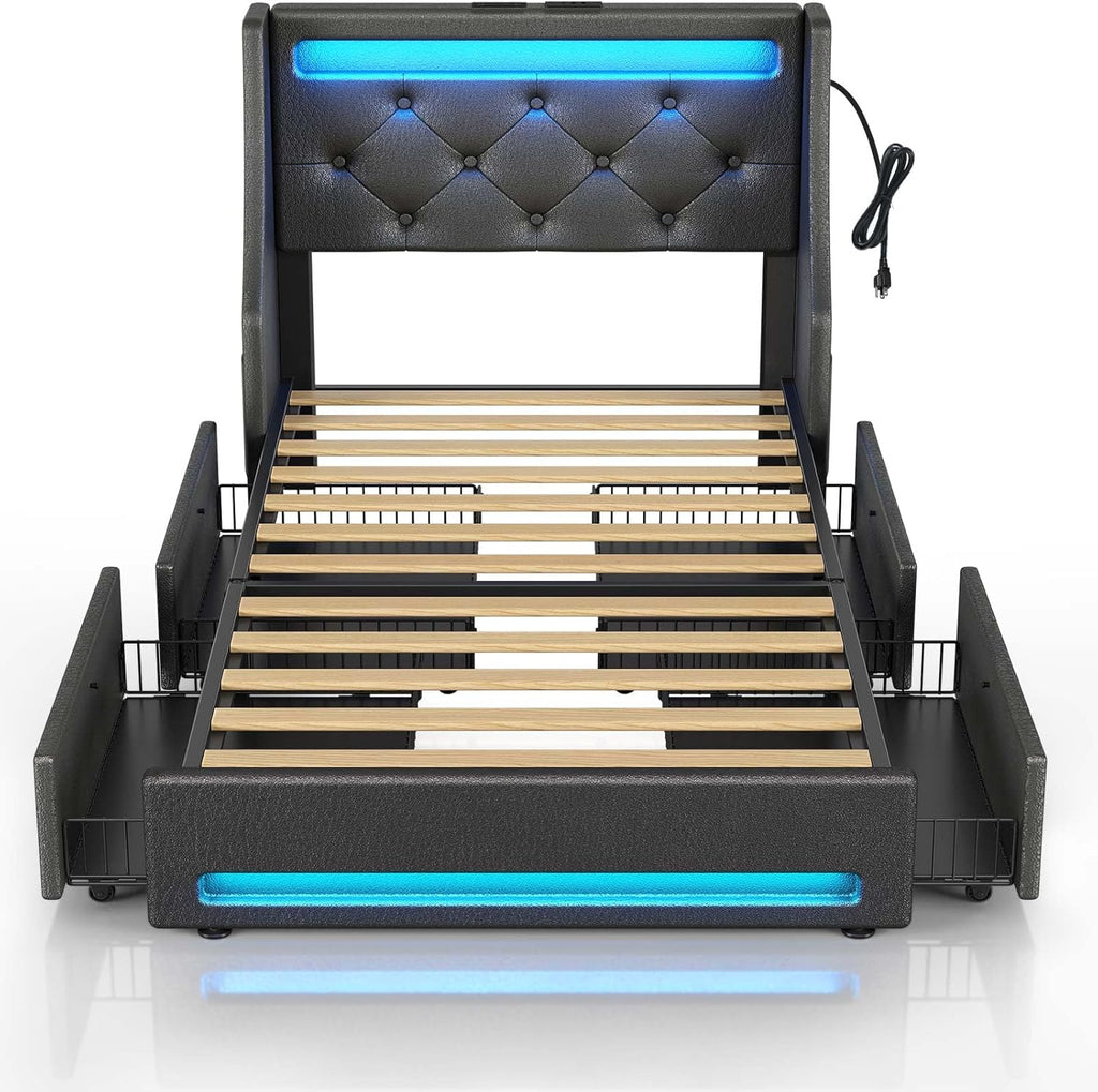 Rolanstar Twin Bed Frame with LED Lights and Charging Station, PU Leather Bed with Drawers, Wooden Slats, Noise Free, Easy Assembly, Black