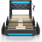 Rolanstar Twin Bed Frame with LED Lights and Charging Station, PU Leather Bed with Drawers, Wooden Slats, Noise Free, Easy Assembly, Black