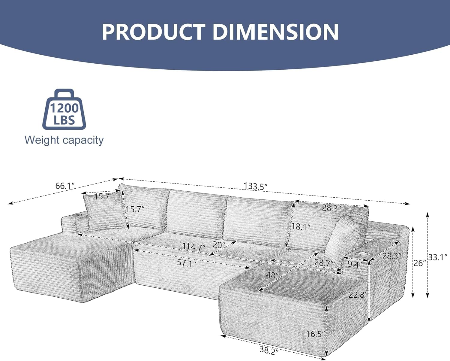 GNIXUU 133.5" Oversized U Shaped Black Boneless Sectional Couch with Cup Holders, Modular Sectional Cloud Sofa with Storage Pocket, Deep Seat Plush Corduroy Couches for Living Room, No Assembly! | easy to move around, 2 extra pillows, modular design