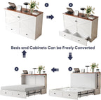 ijuicy Queen Murphy Bed with Mattress Included, Farmhouse Cabinet Bed with Storage Drawer & Charging Station, Foldable Space-Saving Murphy Beds for Guest Bedroom, Living Room (White & Brown)
