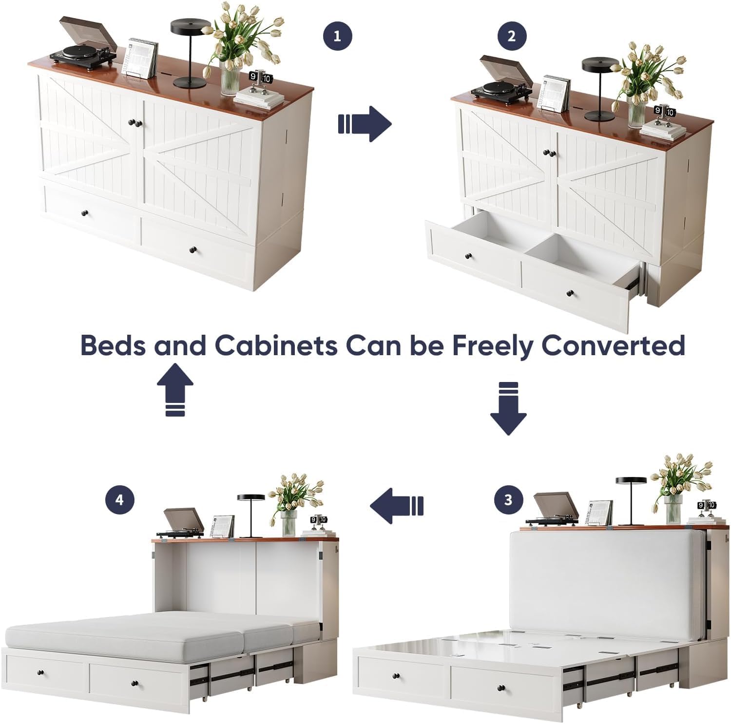 ijuicy Queen Murphy Bed with Mattress Included, Farmhouse Cabinet Bed with Storage Drawer & Charging Station, Foldable Space-Saving Murphy Beds for Guest Bedroom, Living Room (White & Brown)
