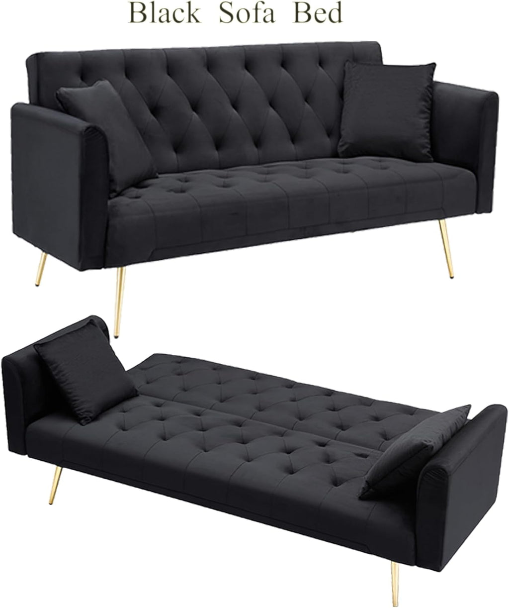 Anwick 72" Modern Velvet Sofa Bed Futon,Convertible Folding Sleeper Bed Couches with 3 Adjustable Backrests,Tufted Recliner Loveseat with Golden Chrome Legs for Small Living Room Office (Black)
