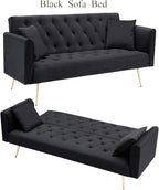 Anwick 72" Modern Velvet Sofa Bed Futon,Convertible Folding Sleeper Bed Couches with 3 Adjustable Backrests,Tufted Recliner Loveseat with Golden Chrome Legs for Small Living Room Office (Black)