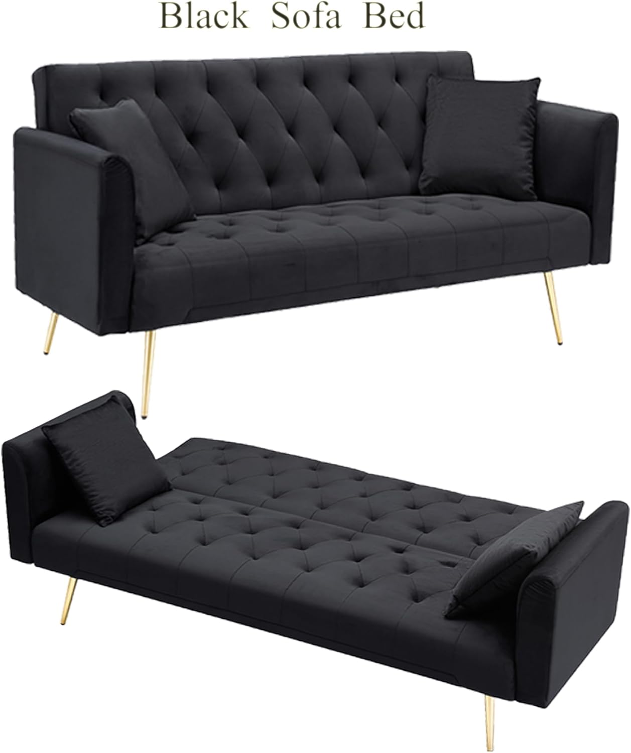 Anwick 72" Modern Velvet Sofa Bed Futon,Convertible Folding Sleeper Bed Couches with 3 Adjustable Backrests,Tufted Recliner Loveseat with Golden Chrome Legs for Small Living Room Office (Black)