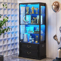 FREDEES Display Cabinet with Glass Doors,67" Adjustable Display Shelf with 2 Drawers and 4 Tier Curio Cabinet,Tall Bookcase with 3 Color Lights and Human Body Sensor for Toys,Books（Black）