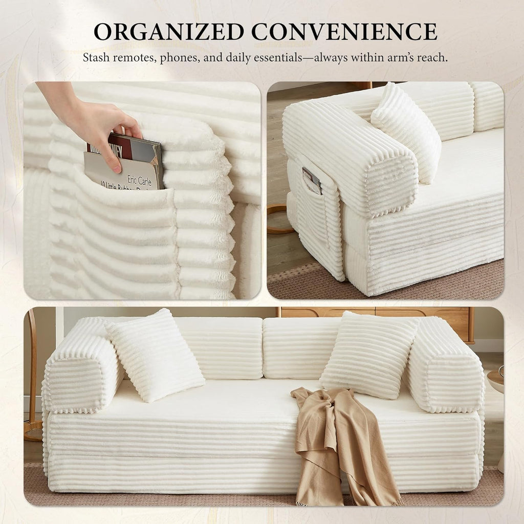 Boneless Couch Folding Couches for Living Room Sofa, Futon Sofa Bed with Sleeper Sofa, Futon Couch with Fixed-Shape Oversized Corduroy Upholstered (White, 81 Inches)