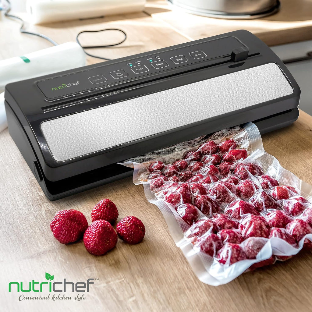 NutriChef Vacuum Sealer for Food - Automatic Electric Air Sealing Preserver System with Gentle and Normal Modes, Roll Cutter, Reusable Bags, Meal Prep Storage, Suitable for Dry/Moist Foods