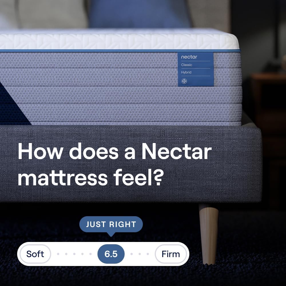 Nectar Split King Adjustable Base & 12” Hybrid Mattress (New Version) - Head & Foot Incline - Medium Firm Memory Foam & Coils - Cooling Layer - 3 Massage Settings - 365-Night Trial & Forever Warranty