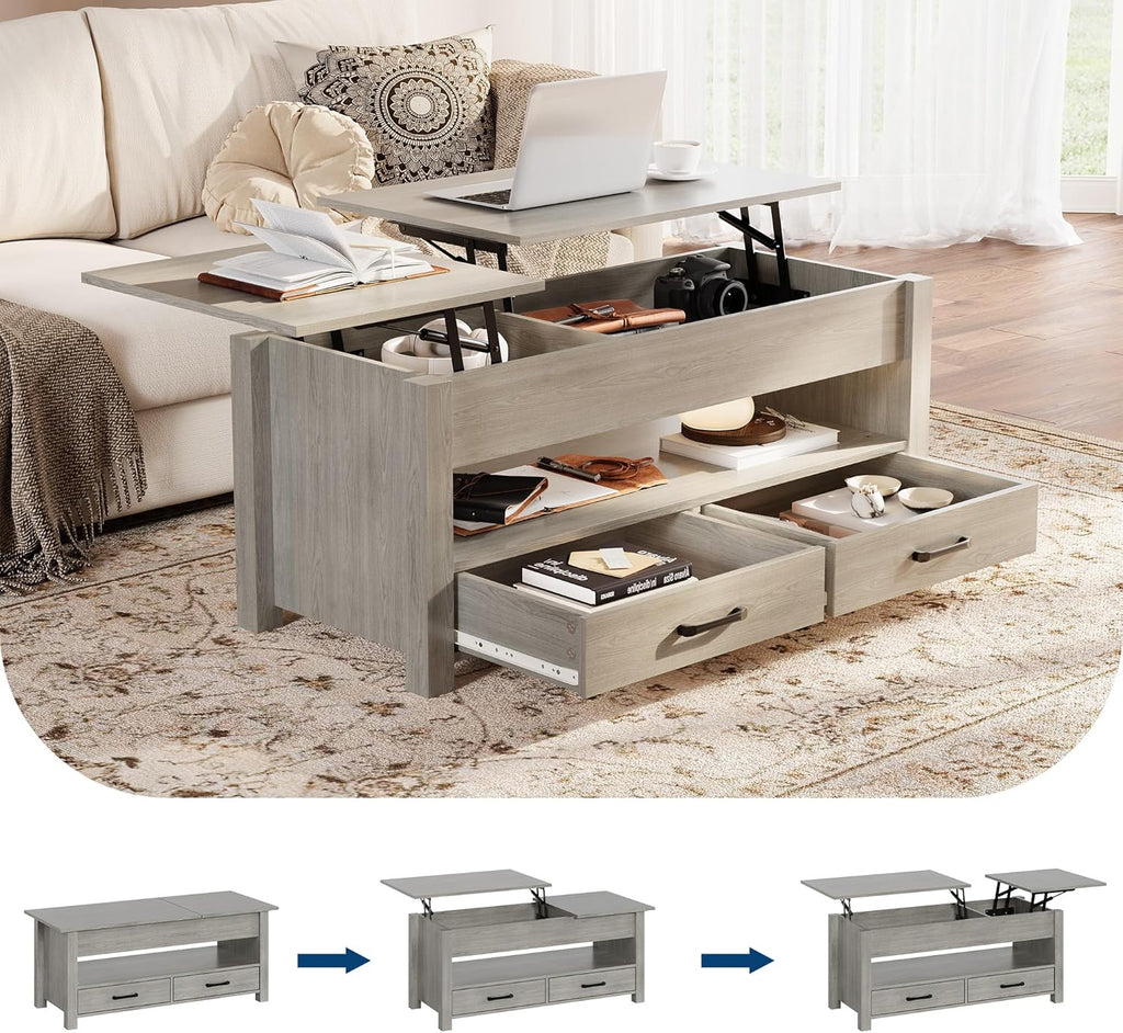 GarveeHome Coffee Table Lift Top, Convertible Coffee Table with Wooden Lift Tabletop, 2 Drawers and Hidden Compartment, Central Table with Storage for Living Room Home Office, Grey