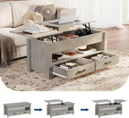 GarveeHome Coffee Table Lift Top, Convertible Coffee Table with Wooden Lift Tabletop, 2 Drawers and Hidden Compartment, Central Table with Storage for Living Room Home Office, Grey