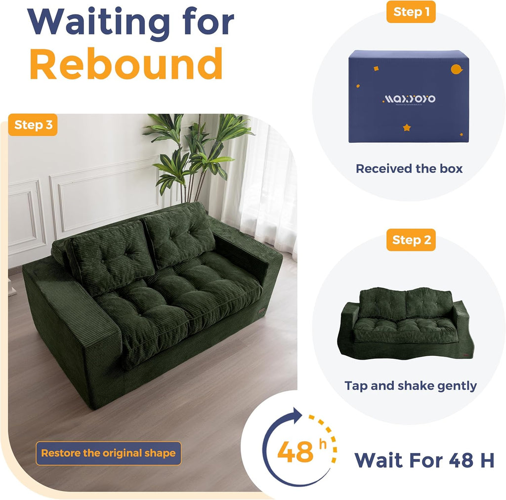 MAXYOYO Loveseat Sofa Couch for Living Room, Boneless Couch with Tufted Cushion & Backrest, Upholstered Floor Sofa for Adults, No Assembly Required, Dark Green