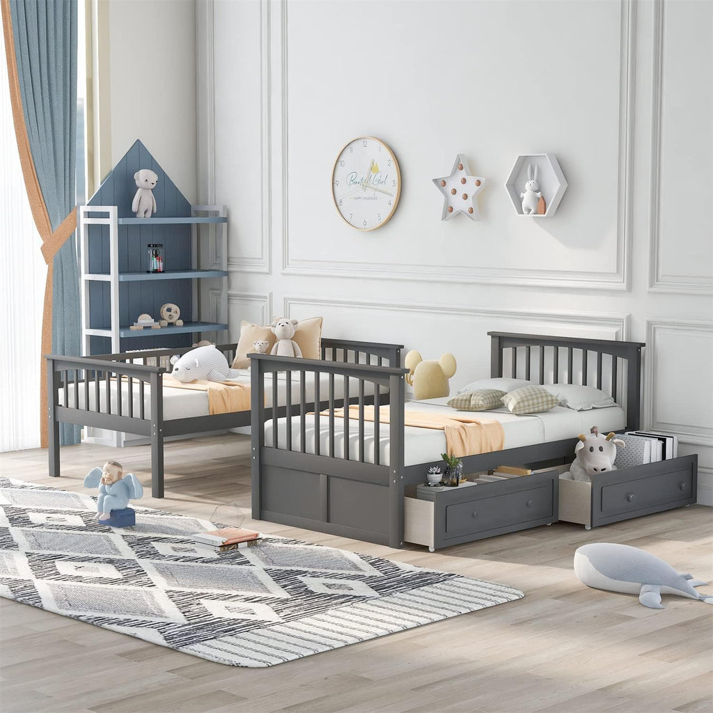 Merax Twin Over Twin Bunk Bed with 2 Storage Drawers and Ladder, Can be Devided into 2 Beds, No Spring Box Needed, Grey