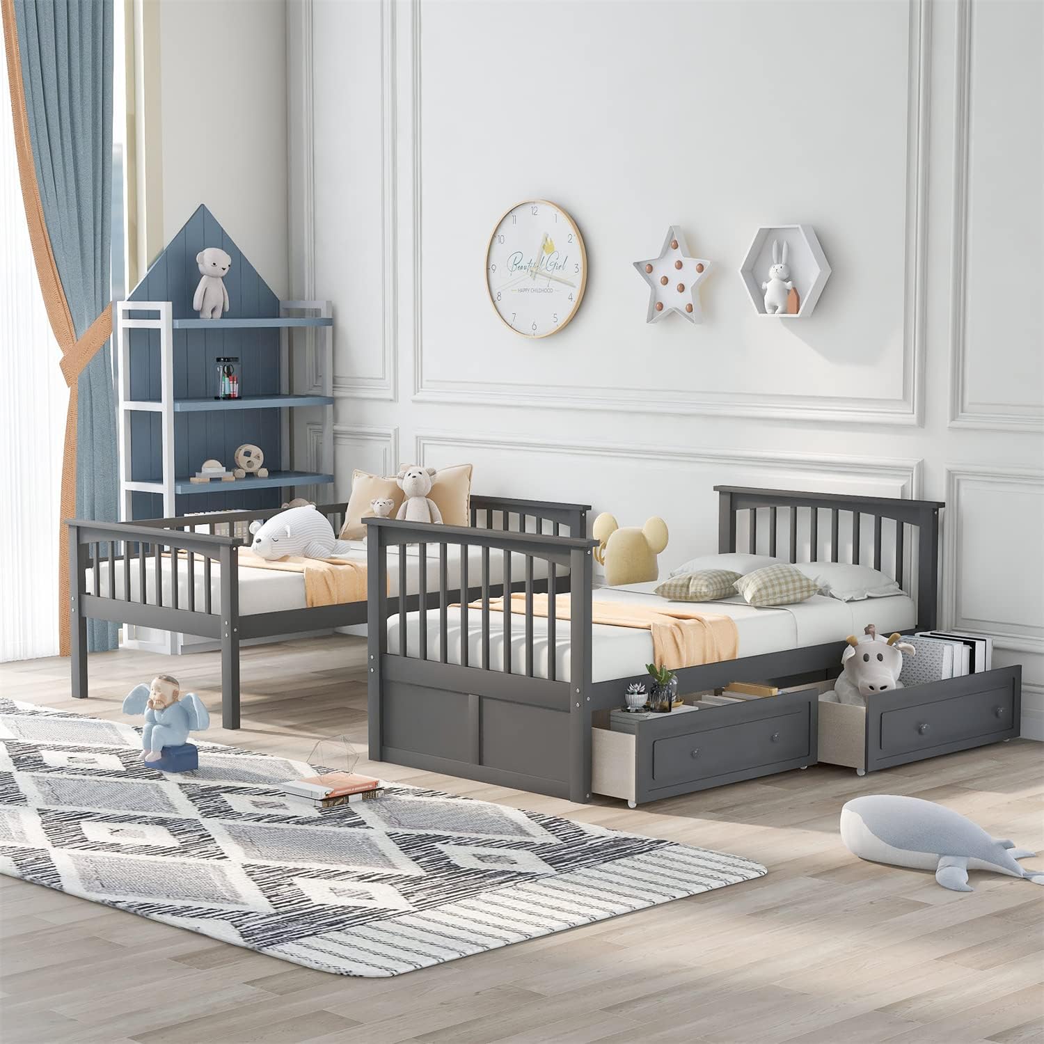 Merax Twin Over Twin Bunk Bed with 2 Storage Drawers and Ladder, Can be Devided into 2 Beds, No Spring Box Needed, Grey