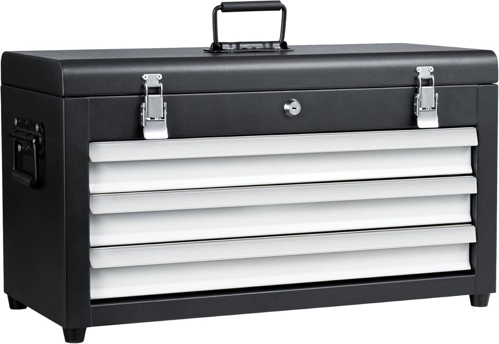 3 Drawers 22" Portable Metal Tool Box, Heavy Duty Toolbox with Double Locking System & Unique Built-in Drawer Lock, Tool Chest Organizer for Workshop, Garage, DIY Office Storage