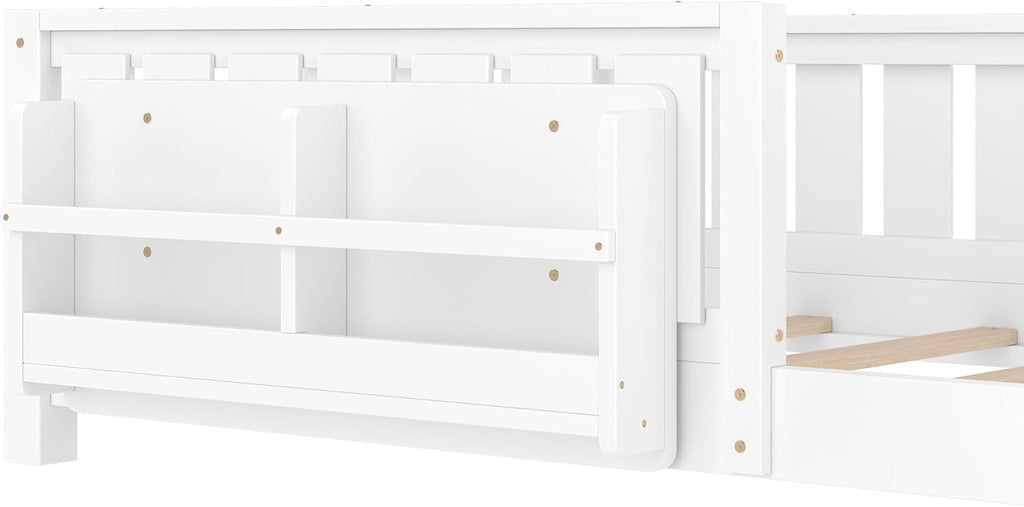 Bellemave Twin Floor Bed with Slats and Safety Guardrail, Twin Size Montessori Floor Bed with Fence and Built-in Bookshelf, Easy Assemble Montessori Beds for Kids, Girls, Boys, White