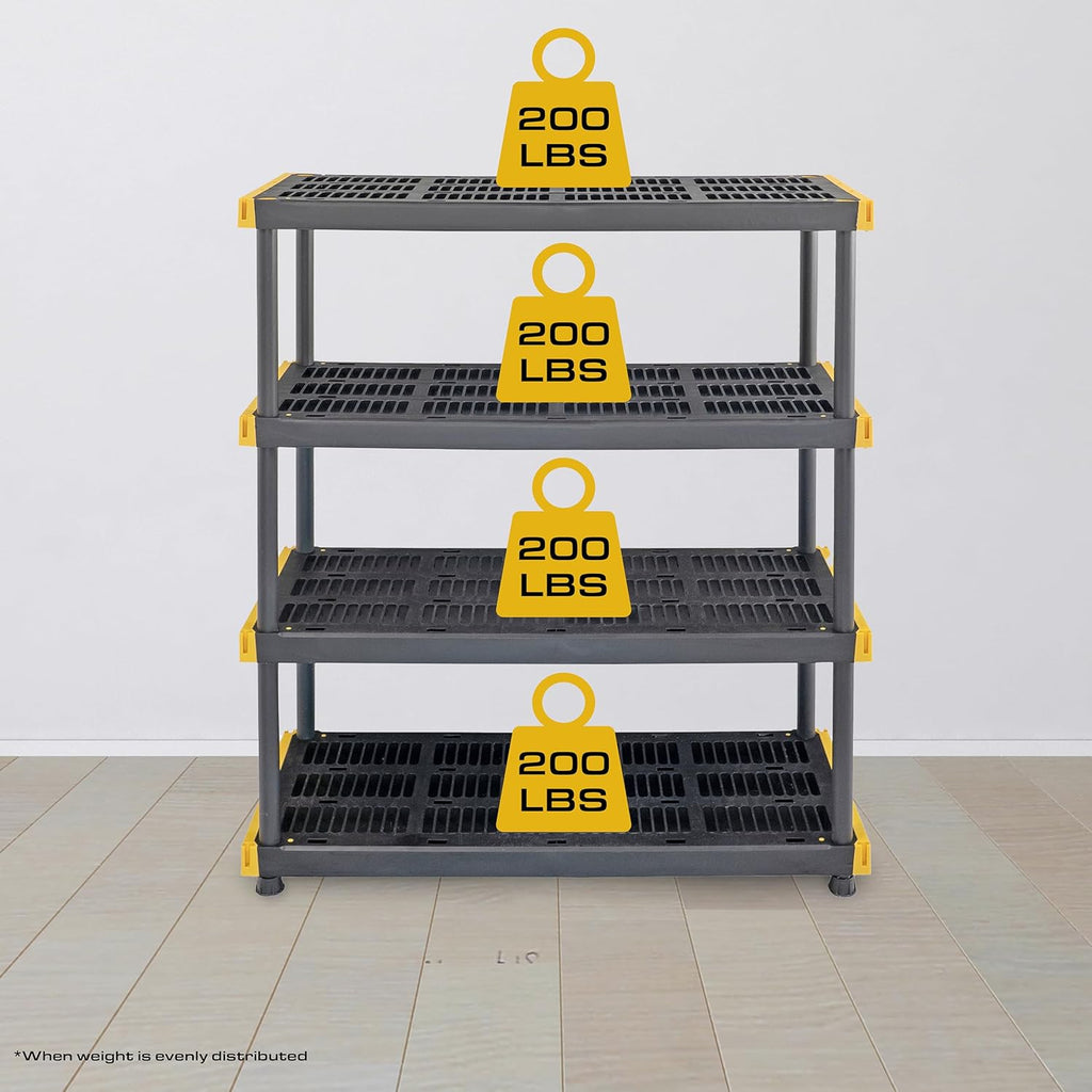 CX Black & Yellow 4-Tier Heavy Duty Storage Shelves and 8 Heavy Duty Storage Bins with Lids, 4 Shelves that Support up to 200lbs/shelf + 27 Gallon Containers (8-Pack), Organization and Storage