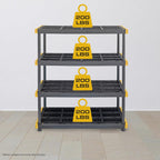 CX Black & Yellow 4-Tier Heavy Duty Storage Shelves and 8 Heavy Duty Storage Bins with Lids, 4 Shelves that Support up to 200lbs/shelf + 27 Gallon Containers (8-Pack), Organization and Storage