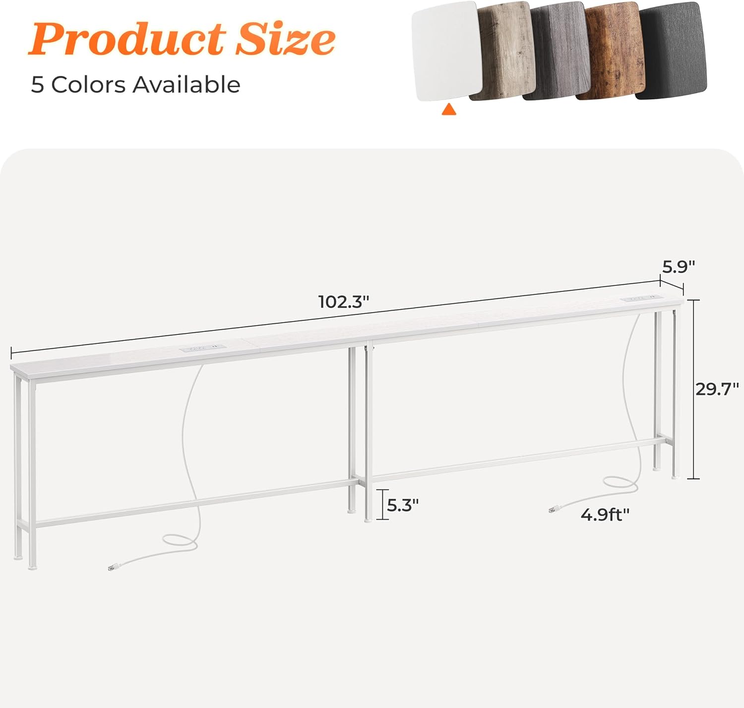 SUPERJARE 102.3 Inch Sofa Table with 2 Power Outlets and USB-C Ports, 5.9 Inch Narrow Console Table with Storage, Extra-Long, for Entryway Hallway Couch Behind Sofa, Small Spaces, White