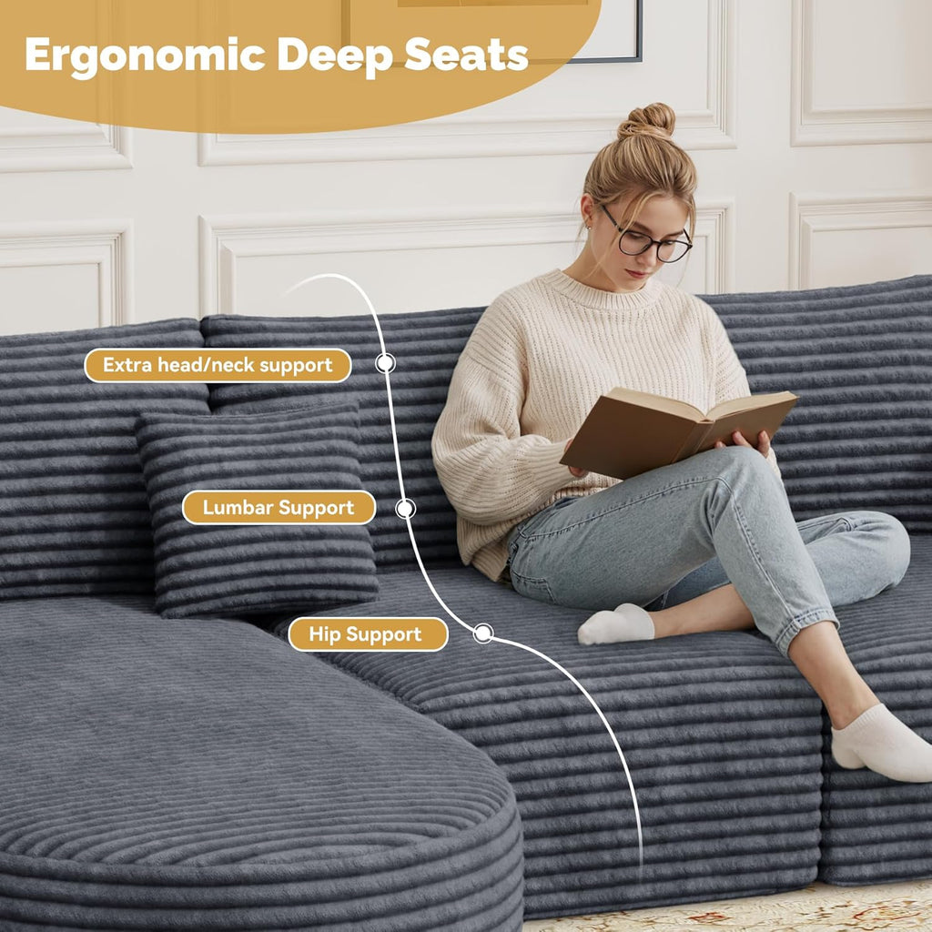 110”Sectional Couches for Living Room,Modular l Shaped Cloud Couch,Boneless Comfy,Modern Sofa with Chaise,Deep Seat Convertible Sleeper Sofa Bed,No Assembly Required,Gray,1pcs