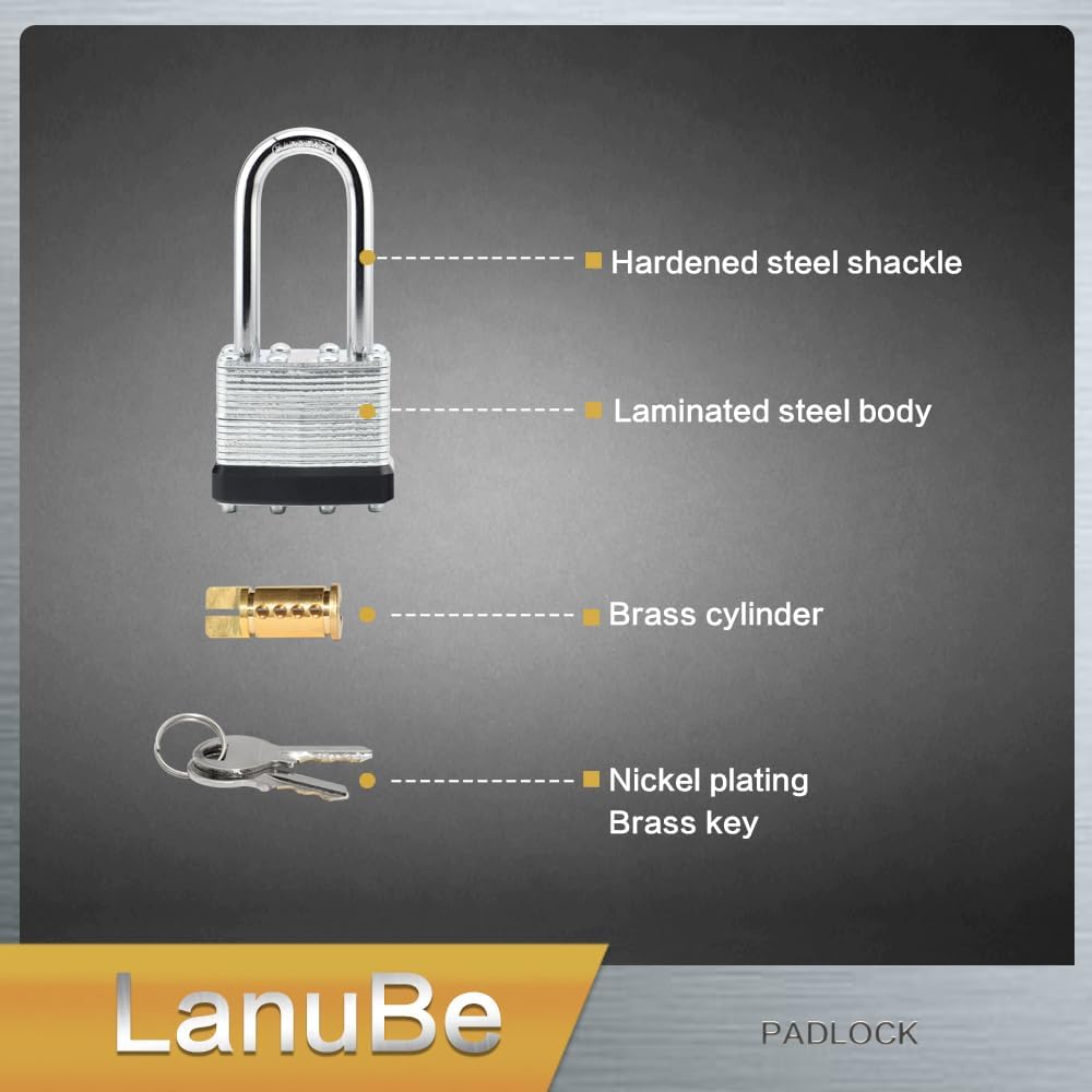 LanuBe Lock Laminated keyed Padlock (1-9/16"  40mm)  keyed Alike Locks  Long Shackle Marked Black Plastic Hoop  Pack of 100