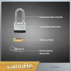 LanuBe Lock Laminated keyed Padlock (1-9/16"  40mm)  keyed Alike Locks  Long Shackle Marked Black Plastic Hoop  Pack of 100
